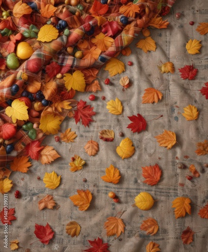 Pile of vibrant autumn leaves with scattered fruit on vintage plaid blanket , leaves, golden