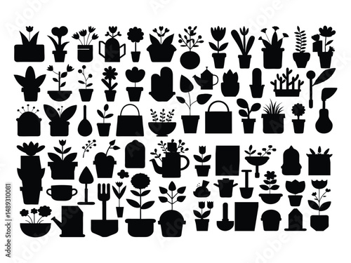 Collection of black silhouettes houseplants flowers pots gardening tools
