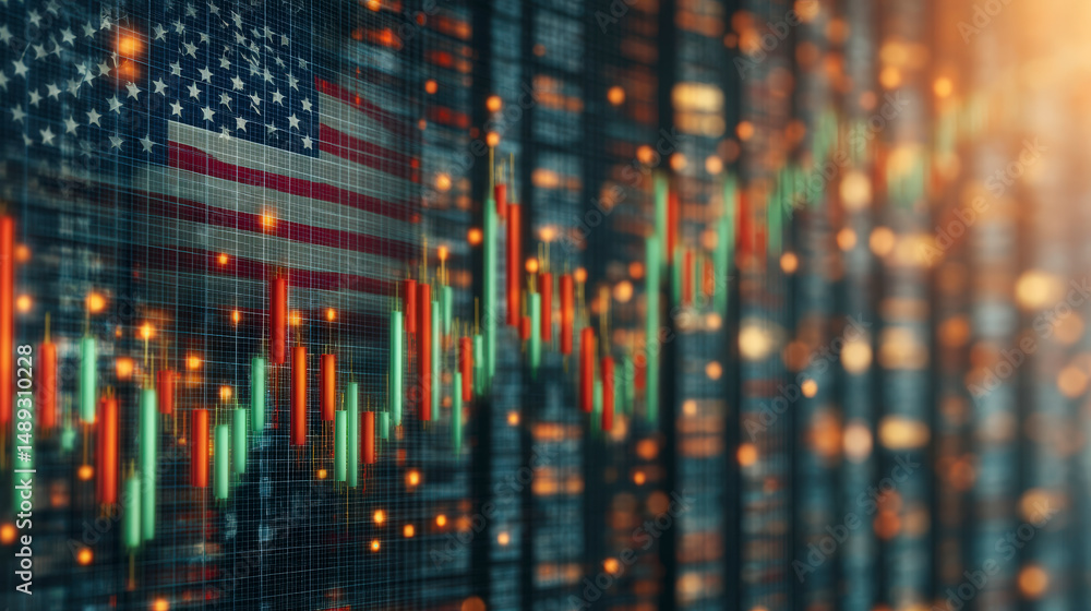 Obraz premium American flag overlay on a digital screen displaying financial stock market graphs, representing the U.S. economic landscape and investments.
