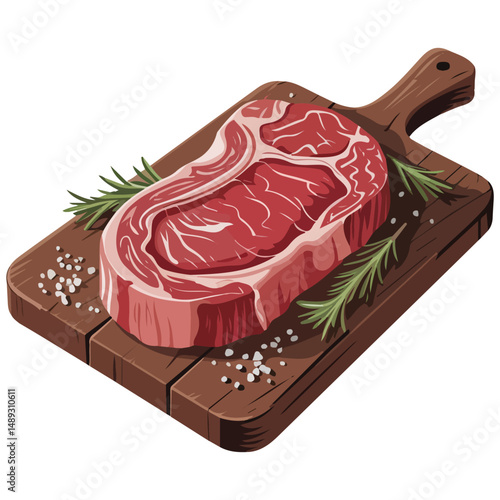 Raw beef steak slice displayed on rustic wooden board