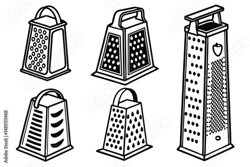 Line Art Illustration Featuring a Variety of Kitchen Cheese Graters, Cooking Equipment Vector Design.