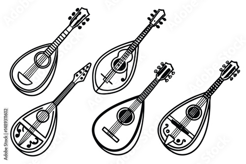 Mandolin Musical Instrument Vector Illustrations Set in Black and White, Isolated on a White Background for Creative Design.