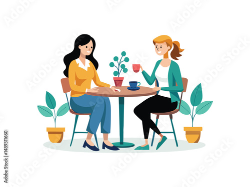 Two women enjoying coffee together at a small table in a cafe
