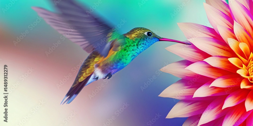 Fototapeta premium Vibrant Hummingbird feeding on a Dahlia flower