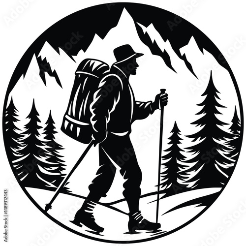 Silhouette of Snowshoer Hiking in Winter Landscape