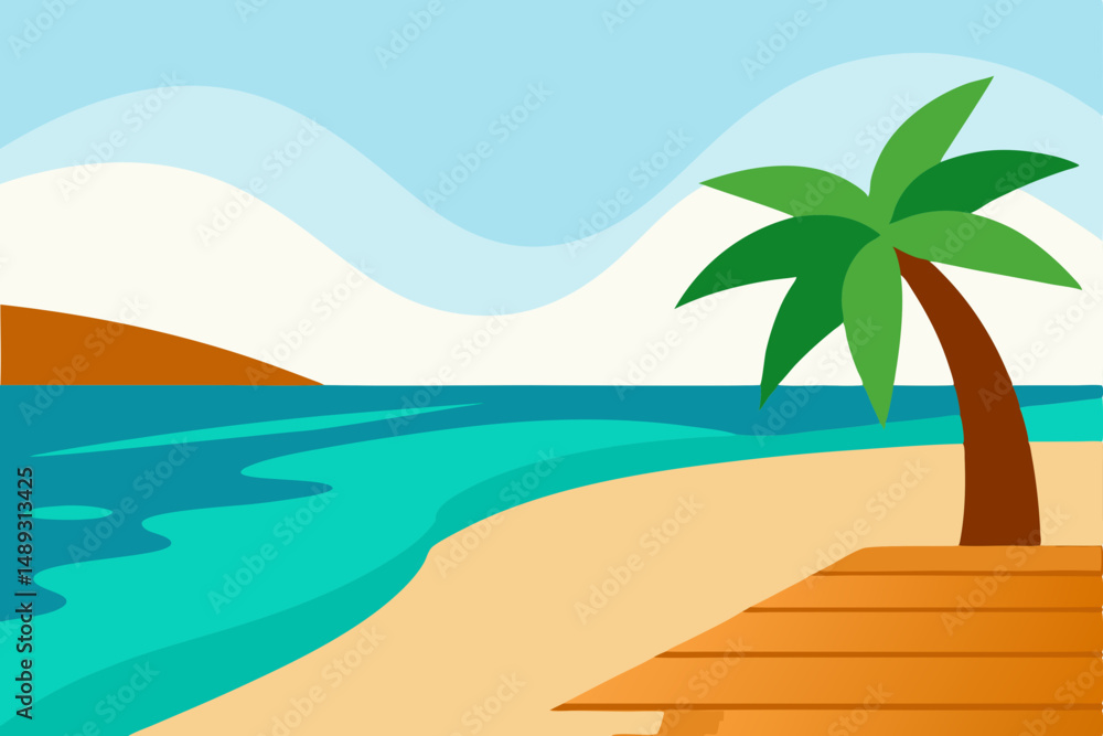 Obraz premium sandy-coastline-with-waves--palm-tree-reflection--.svg