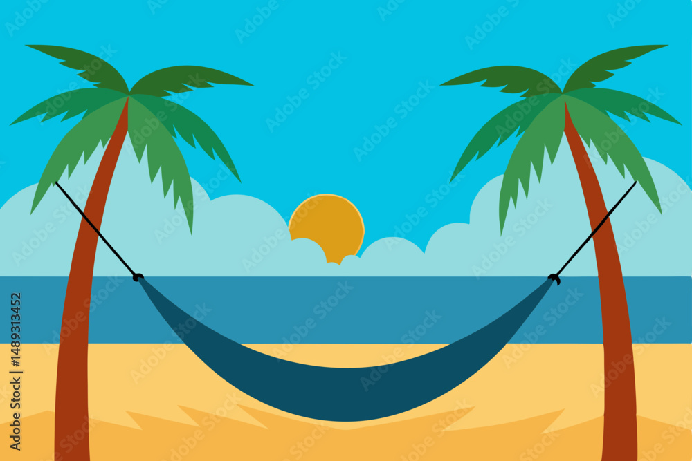 Obraz premium hammock-view-between-two-palms--ocean-breeze--beac.svg