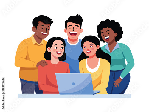 Happy diverse team collaborating on laptop project teamwork success
