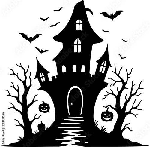 silhouette of haunted house and halloween pumpkin