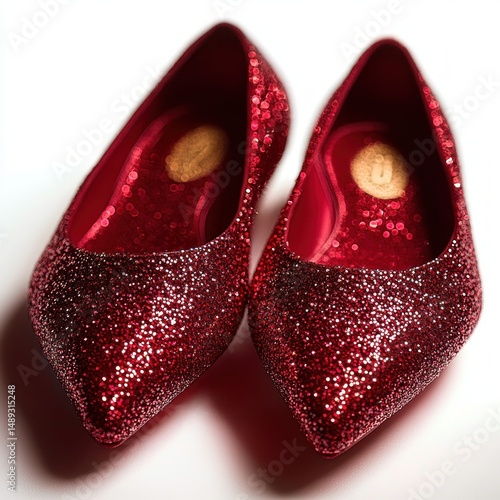 Pair of sparkling red glittery pointed-toe high-heeled shoes on a white background, exuding glamour and elegance