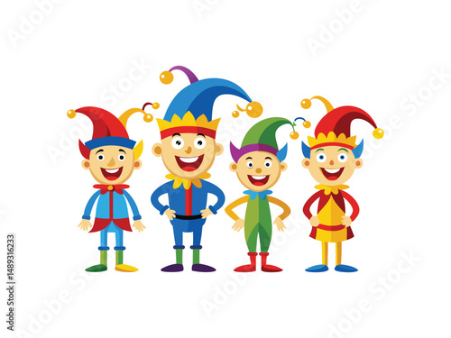 Four cheerful cartoon jester characters in colorful costumes
