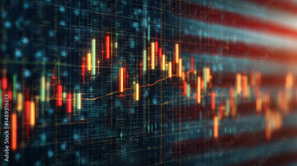 Digital screen displaying stock market charts with fluctuating bars and lines overlaid by an American flag motif, symbolizing economic trends. Digital screen displaying stock market charts with fluctuating bars and lines overlaid by an American flag motif, symbolizing economic trends.