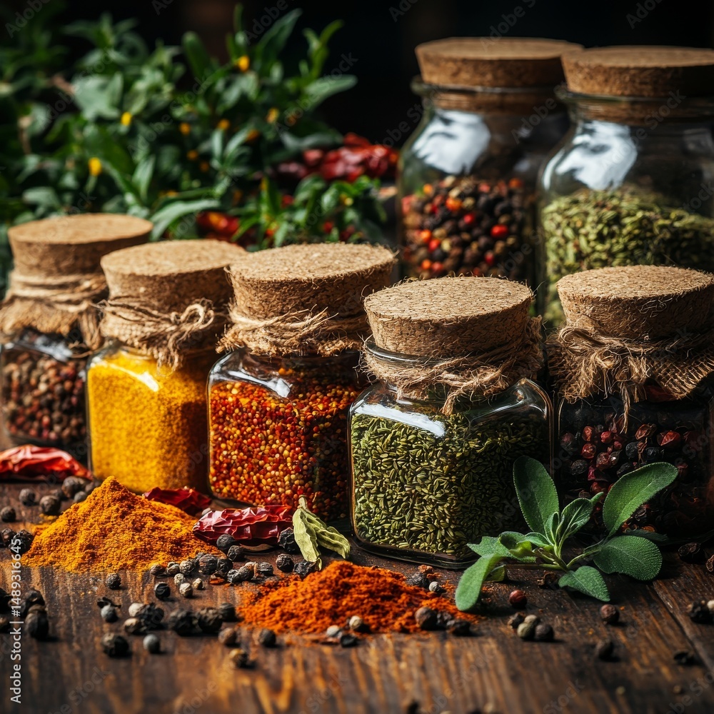 Aromatic Spices: A Culinary Collection of Exotic Flavors in Glass Jars on a Rustic Wooden Table, Showcasing Vibrant Colors and Herbal Freshness. Aromatic Spices: A Culinary Collection of Exotic Flavors in Glass Jars on a Rustic Wooden Table, Showcasing Vibrant Colors and Herbal Freshness.