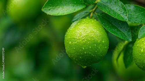 Wallpaper Mural Fresh green lemons hanging on a tree with water droplets on them, surrounded by lush leaves. Torontodigital.ca