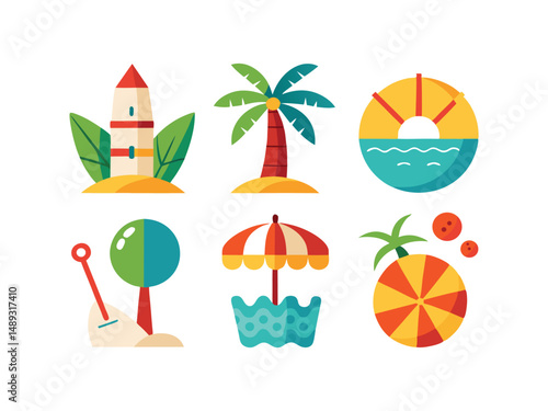 Summer vacation icons set beach seaside holiday fun activities
