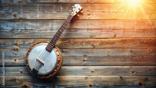 Rustic banjo resting on weathered wooden planks, bathed in warm sunlight, evokes a feeling of nostalgia and traditional folk music.