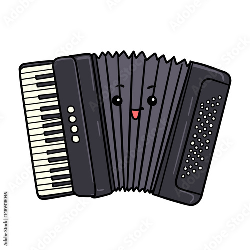 Cartoon accordion character with a smiling face and black design  