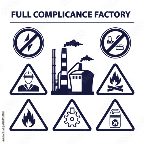 All types of factory Compliance danger signs icon silhouette
