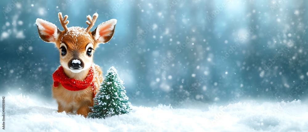 Cute deer figurine in snowy forest scene Cute deer figurine in snowy forest scene