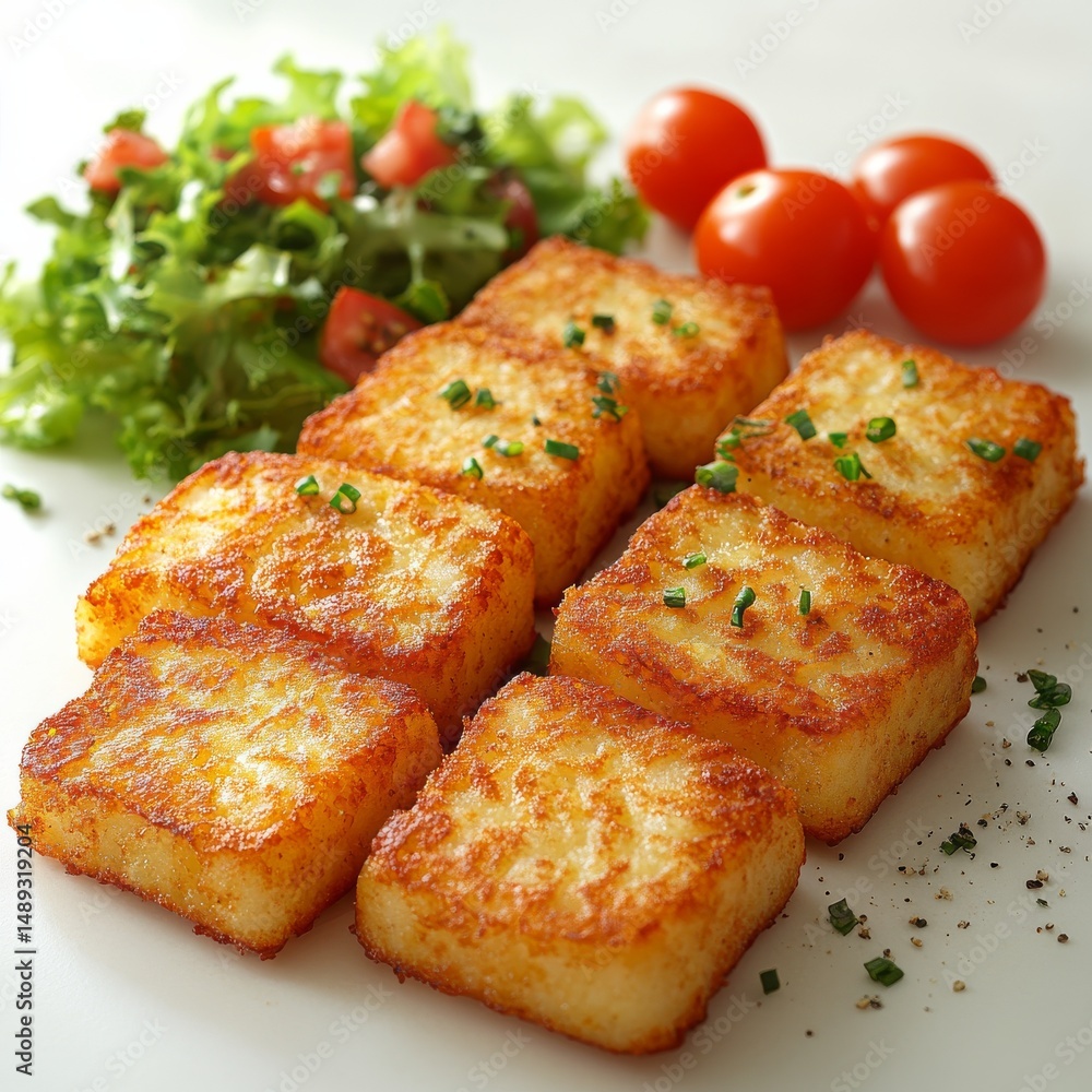 Golden Brown Potato Cakes with Fresh Salad and Tomatoes: A Delicious and Healthy Meal, Perfect for a Light Lunch or Dinner. Golden Brown Potato Cakes with Fresh Salad and Tomatoes: A Delicious and Healthy Meal, Perfect for a Light Lunch or Dinner.
