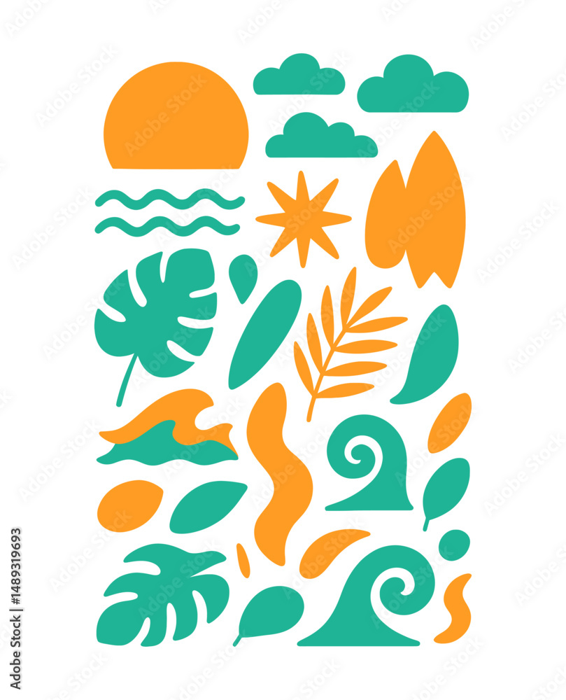 Fototapeta premium Abstract modern vector sea ocean vacation elements, Colorful vector set of abstract summer doodles, Hand drawn Matisse ocean collection, Set of cute summer icons, tropical palm leaves, fruits, food, 