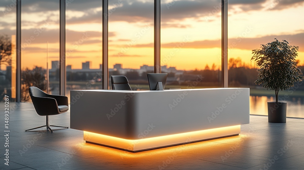 © Lemdah - Modern reception desk with city views © Lemdah - Modern reception desk with city views