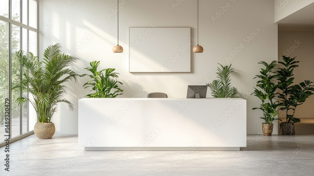 Modern reception desk in bright office space Modern reception desk in bright office space