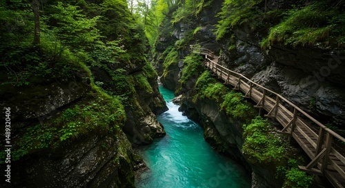 Scenic Canyon with Turquoise River and Wooden Walkway