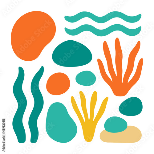 Abstract modern vector sea ocean vacation elements, Colorful vector set of abstract summer doodles, Hand drawn Matisse ocean collection, Set of cute summer icons, tropical palm leaves, fruits, food, 