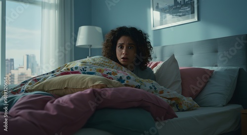 Scared Woman in Bed