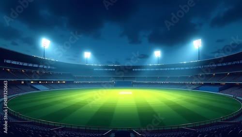 A panoramic night view of a professional cricket stadium with bright floodlights illuminating the lush green pitch and perfectly maintained outfield, surrounded by empty seating stands and a dramatic 
