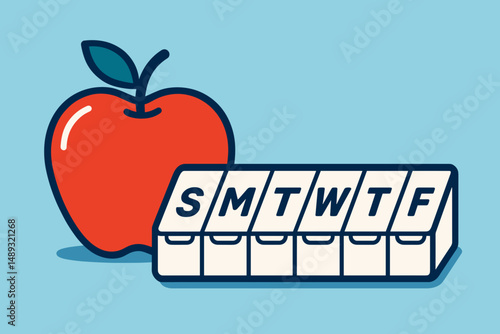 Red apple next to weekly pill organizer on light blue background  