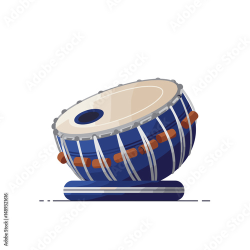 Traditional Indian drum in blue and white minimalist style  