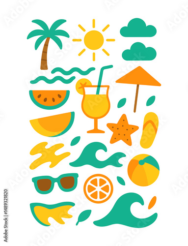 Abstract modern vector sea ocean vacation elements, Colorful vector set of abstract summer doodles, Hand drawn Matisse ocean collection, Set of cute summer icons, tropical palm leaves, fruits, food, 