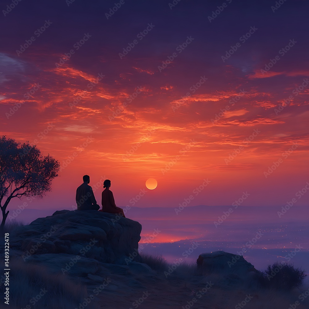 Couple gazing over illuminated city lights high resolution picture Couple gazing over illuminated city lights high resolution picture
