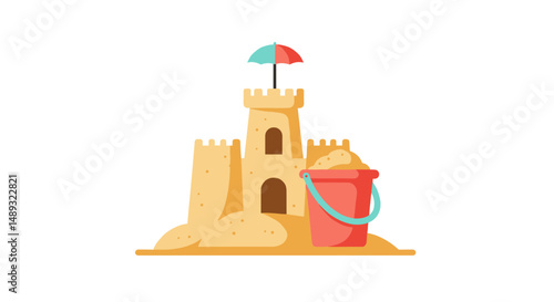 Sandcastle with colorful bucket and umbrella on the beach concept of travel  