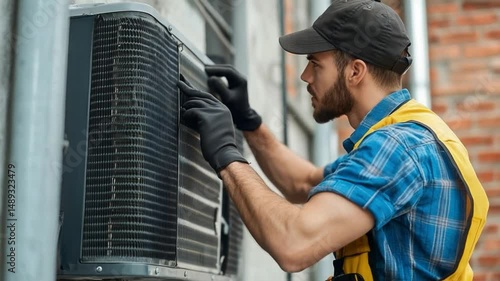 Air Conditioner Repairing : A skilled technician, donned in safety gloves and a cap, meticulously services an outdoor air conditioning unit, exemplifying the dedication to maintaining home comfort.