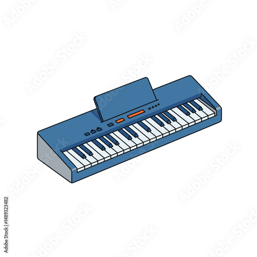 Electronic keyboard in blue color with white keys and control panel  