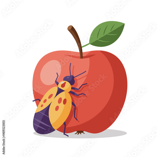Insect pest crawling on a ripe red apple with green leaf  