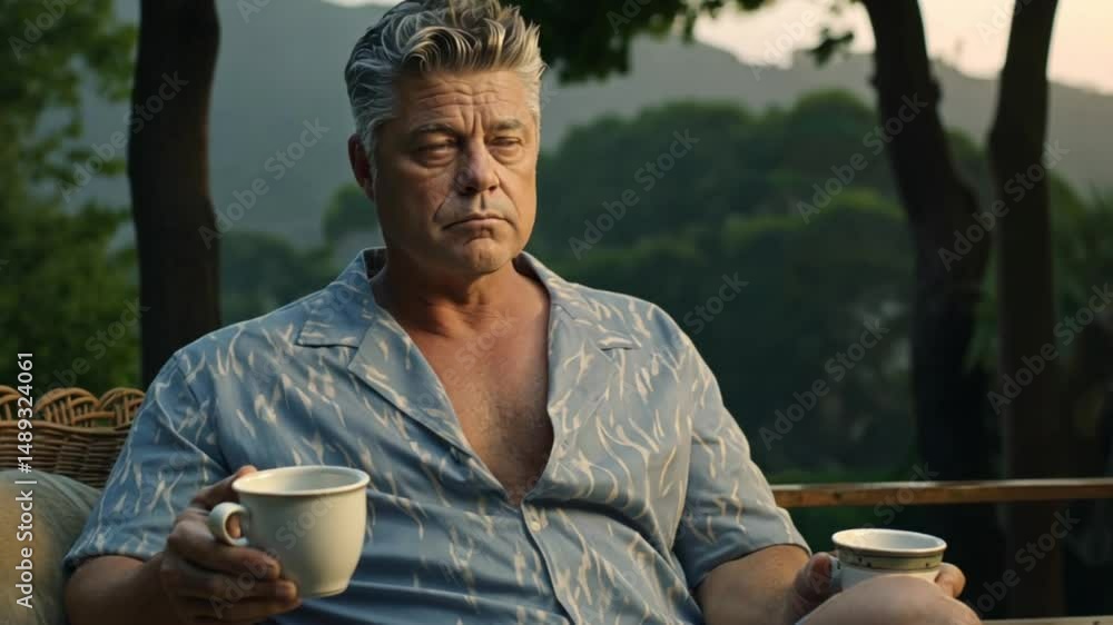 Senior man holding two cup of coffees outdoors in a serene nature setting during peaceful morning. Senior man holding two cup of coffees outdoors in a serene nature setting during peaceful morning.