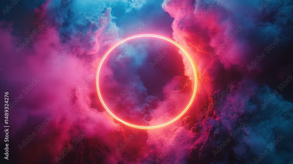 Obraz premium Neon ring through vibrant clouds
