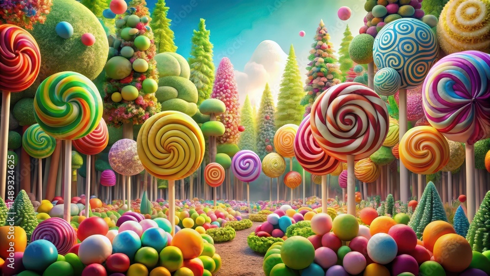 Obraz premium Colorful lollipop forest with towering trees and twisting vines covered in colorful candies, desserts, lollipops