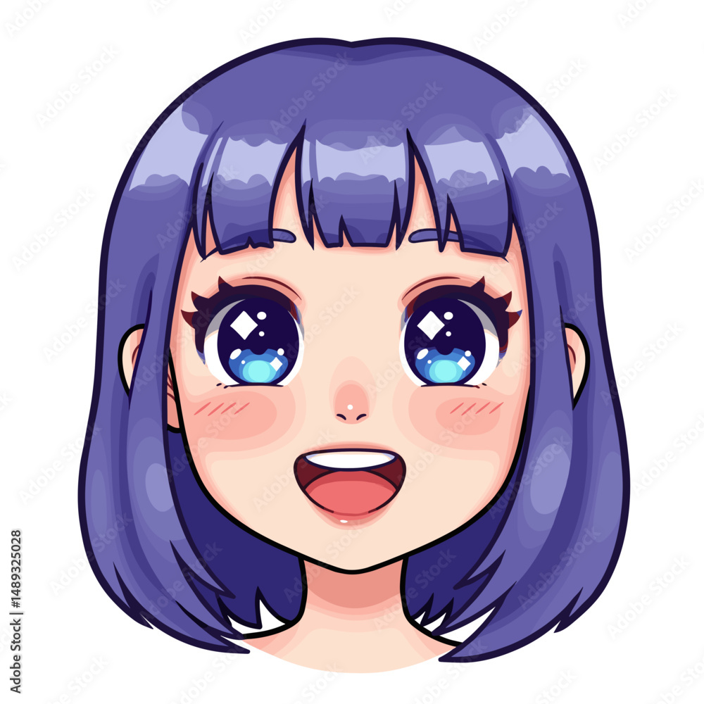 Young girl with purple hair and bright eyes smiling happily Young girl with purple hair and bright eyes smiling happily