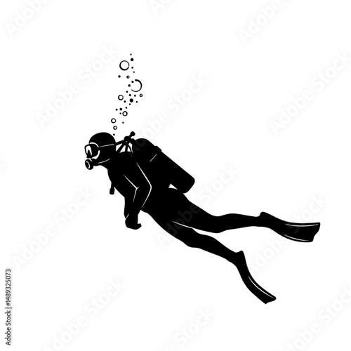 Silhouette of a scuba diver with bubbles ascending in a black and white vector illustration