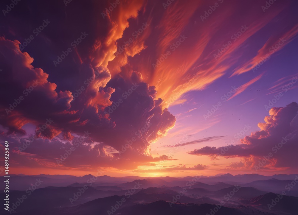 Fiery orange and purple clouds bleed across a vast, vibrant twilight sky , dramatic, fiery Fiery orange and purple clouds bleed across a vast, vibrant twilight sky , dramatic, fiery