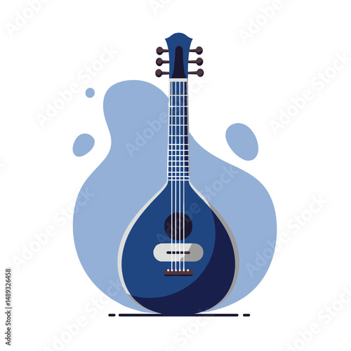 Blue mandolin illustration against abstract background design  