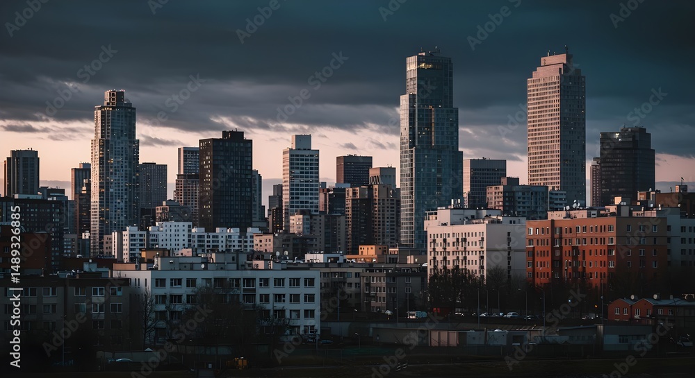 Naklejka premium Modern Cityscape with High Rise Buildings Under Dramatic Skies