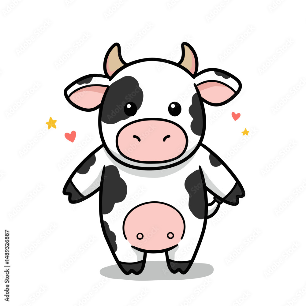 Cute cartoon cow character standing with a friendly expression Cute cartoon cow character standing with a friendly expression
