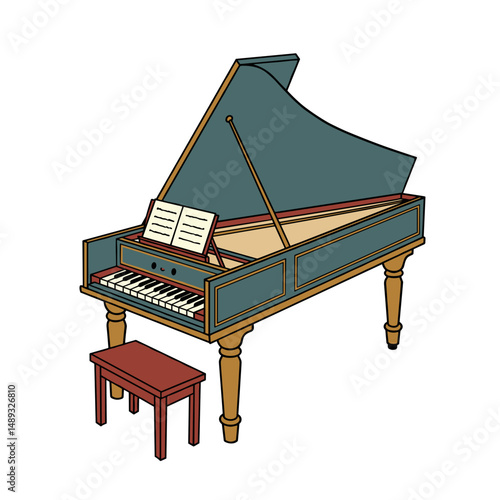 Vintage harpsichord with sheet music and wooden stool in classic design  