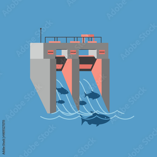 Fish passing through a fish ladder at a dam in a blue background  